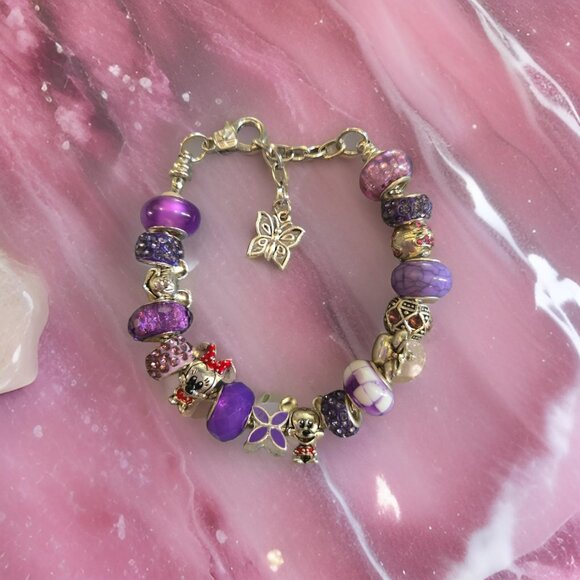 Disney/Mickey & Minnie Charm Bracelet in Purple~ 7 in + chain - Picture 1 of 3